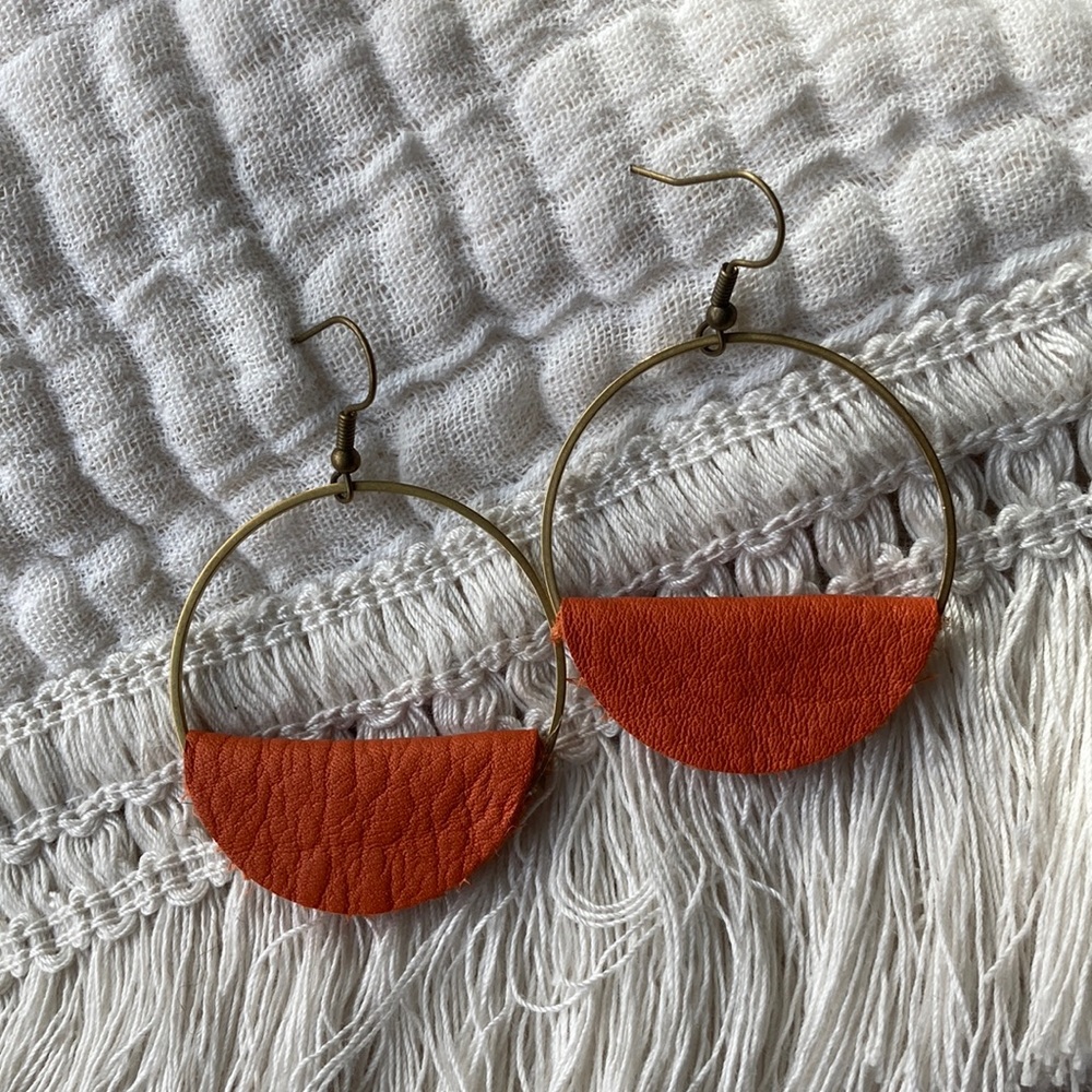 Bronze and orange leather boho earrings